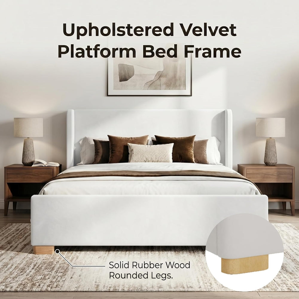 Queen Size Upholstered Platform Bed Frame with Wingback Headboard