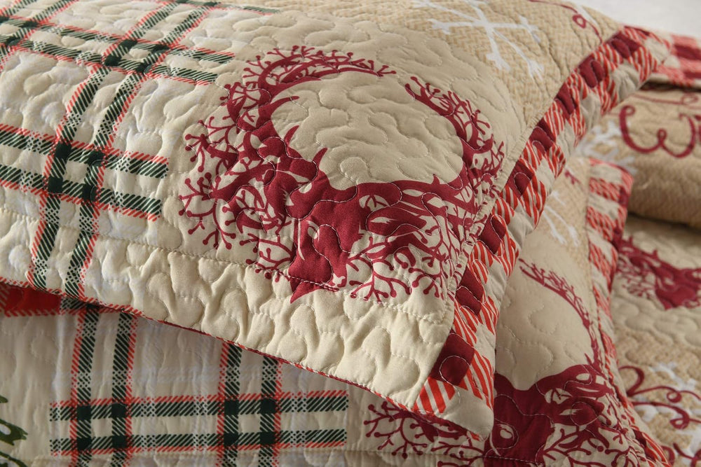 MarCielo Christmas Reindeer Plaid Quilt Set Red Patchwork Bedding Bedspread
