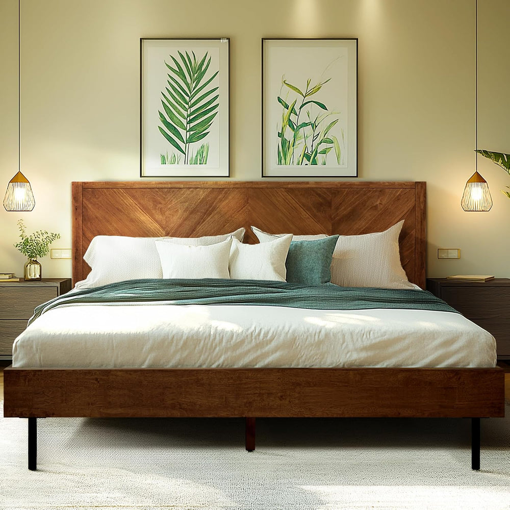 Acacia Alander Solid Wood Bed Frame with Chevron Headboard, King, Walnut