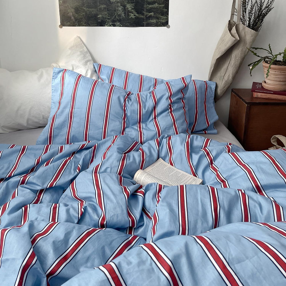 mixinni Vintage Striped Blue Duvet Cover Full - 100% Cotton Red Stripes 3-Pie...