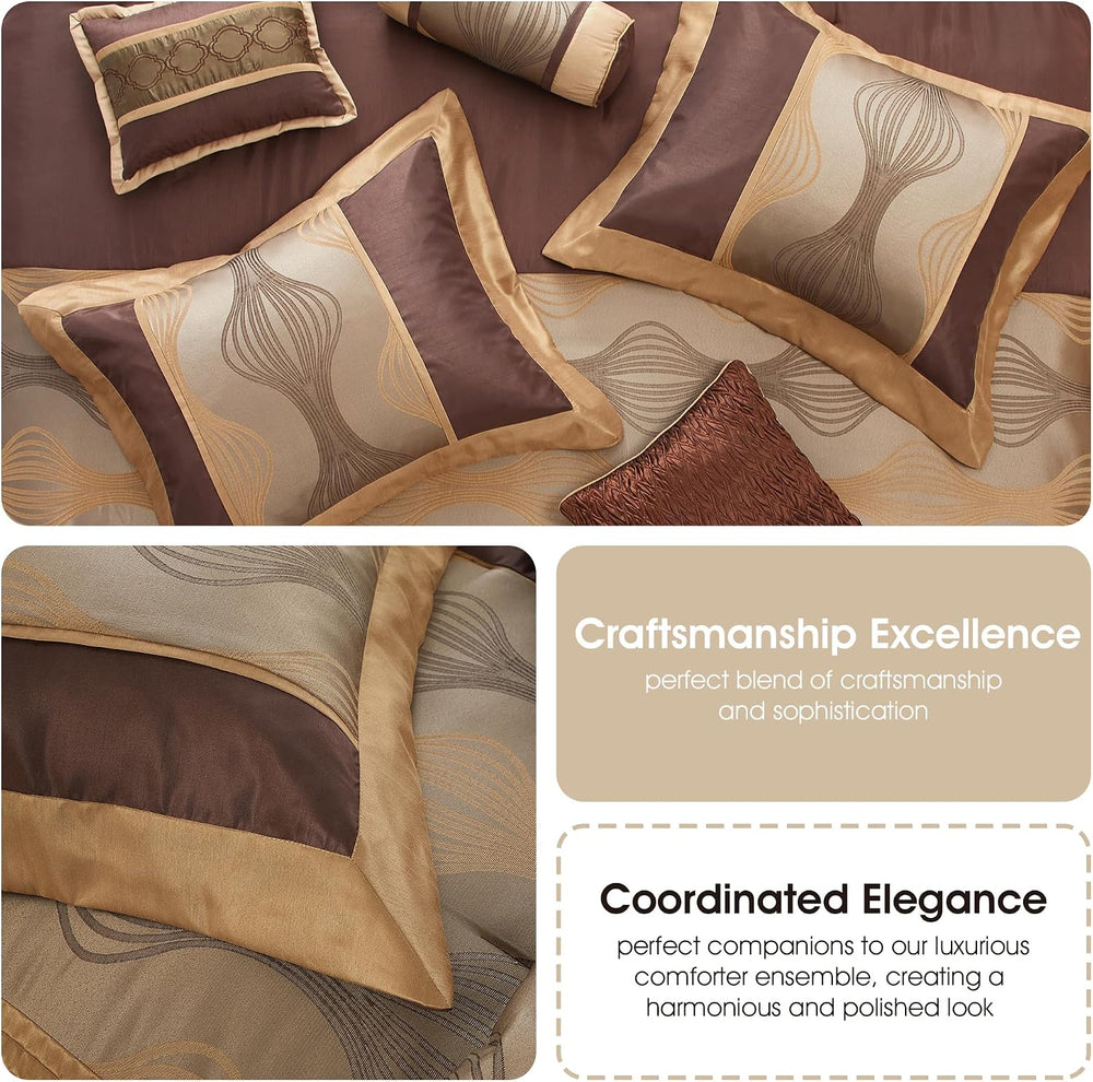 Elagant Jacquard Brown Comforter Set, Size California King, 7 Piece Bed in a ...