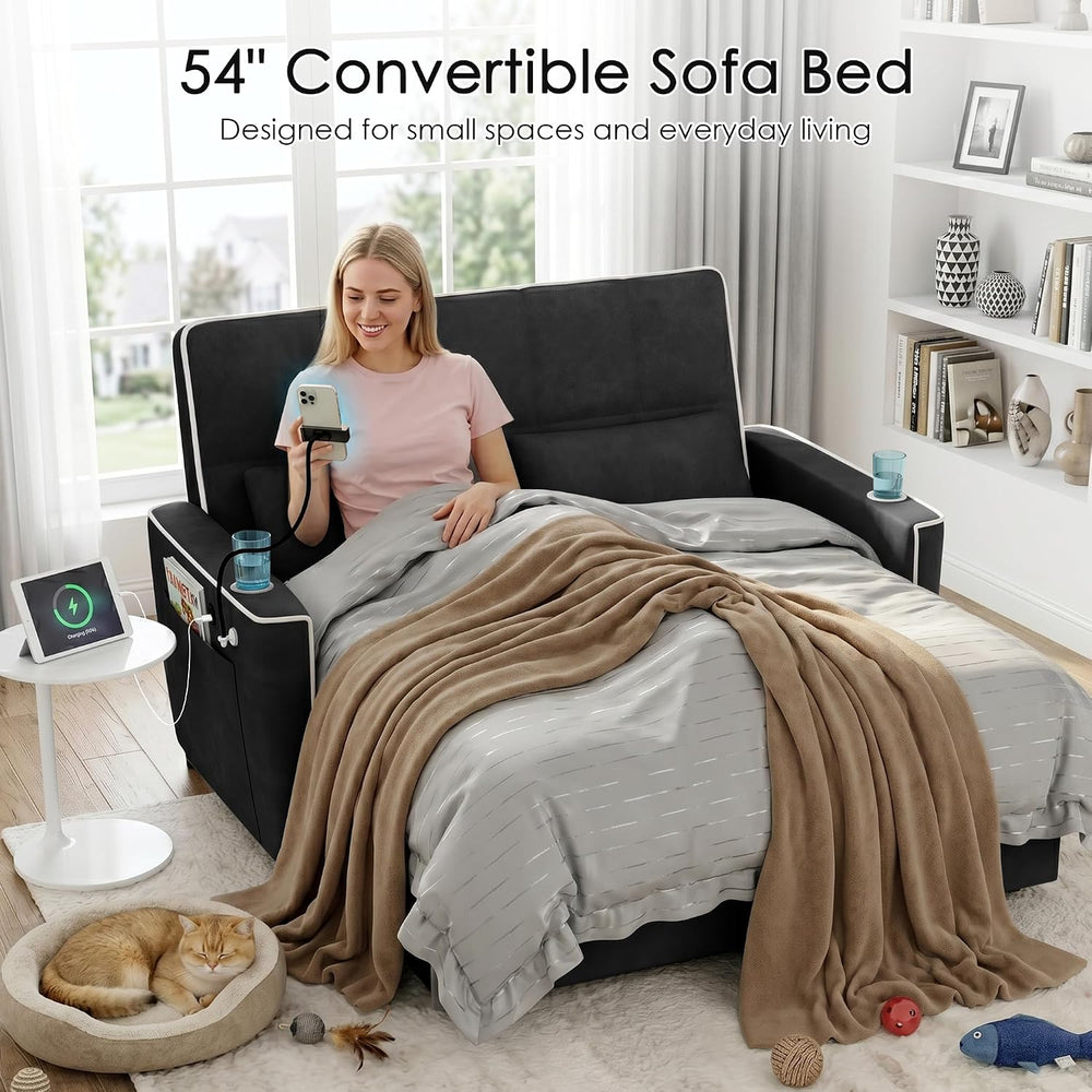 54'' Sleeper Sofa, Convertible Sofa Bed with Phone Holder, Pull Out C...