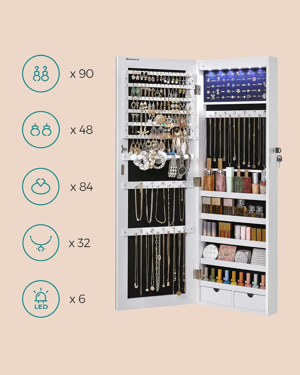 SONGMICS Mirror Jewelry Cabinet Armoire, Wall or Door Mounted, Lockable