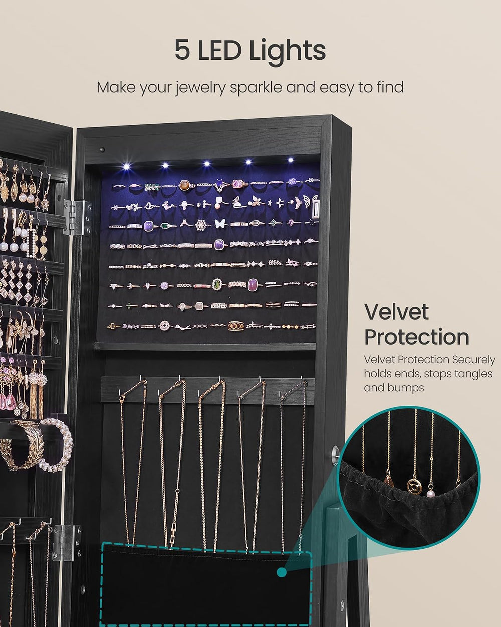 SONGMICS LED Jewelry Organizer, Full Length Mirror with Storage, Rotating