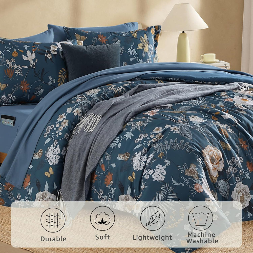 Full Size Comforter Sets-7 Pieces Blue Floral Bed in a Bag Full Bedding Set