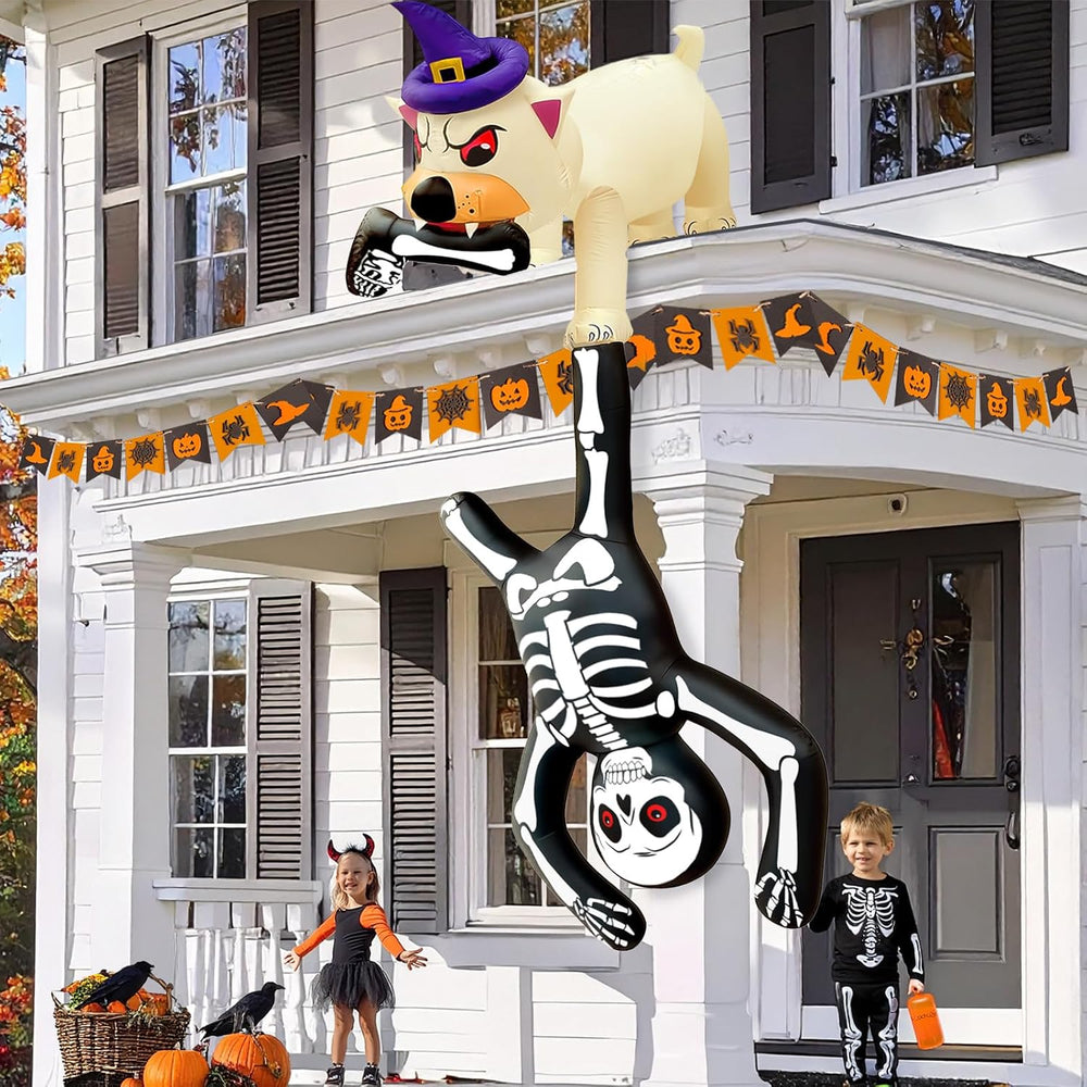 8FT LED Lighted Up Halloween Inflatables Dog Pulling Skeleton Blow Ups