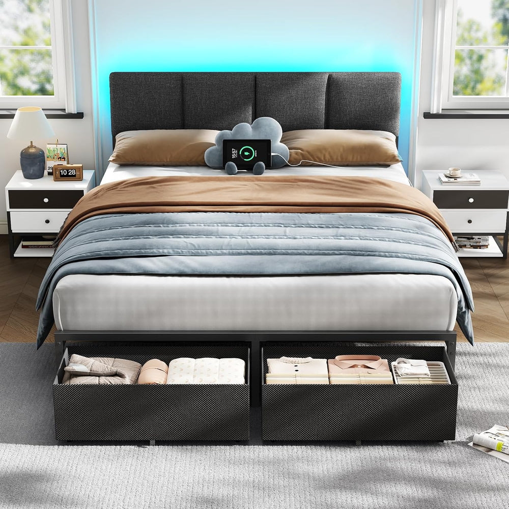 Furnulem Queen Bed Frame with Adjustable Headboard and Storage Drawers