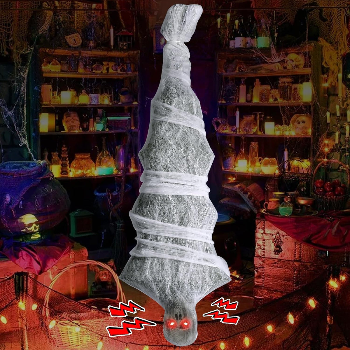 Halloween Decorations, 72 inches Scary Hanging Cocoon Corpse Props with Spooky Sound Effect and Lighted LED Eyes, Halloween Decorations Outdoor for Garden Lawn Indoor