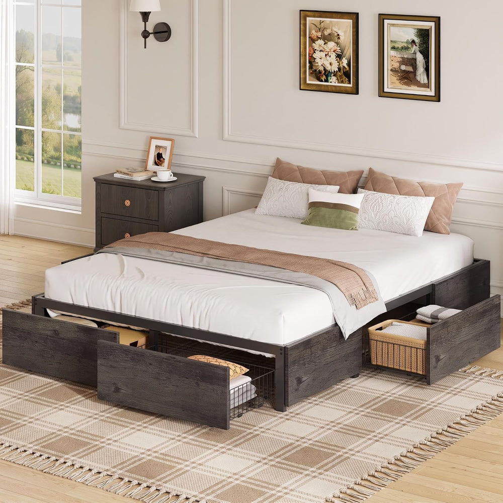 LIKIMIO Queen Bed Frame with 4 Storage Drawers, Charcoal Grey