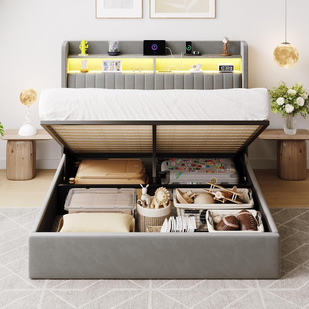 SHA CERLIN Full Size LED Lift Up Storage Bed Frame Charging Station, Grey