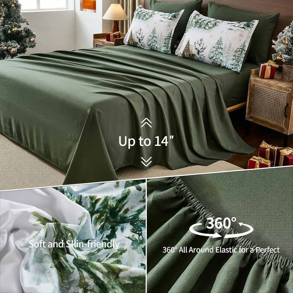 Green Comforter Set 7 Piece Queen Size, Christmas Bedding Set Festive