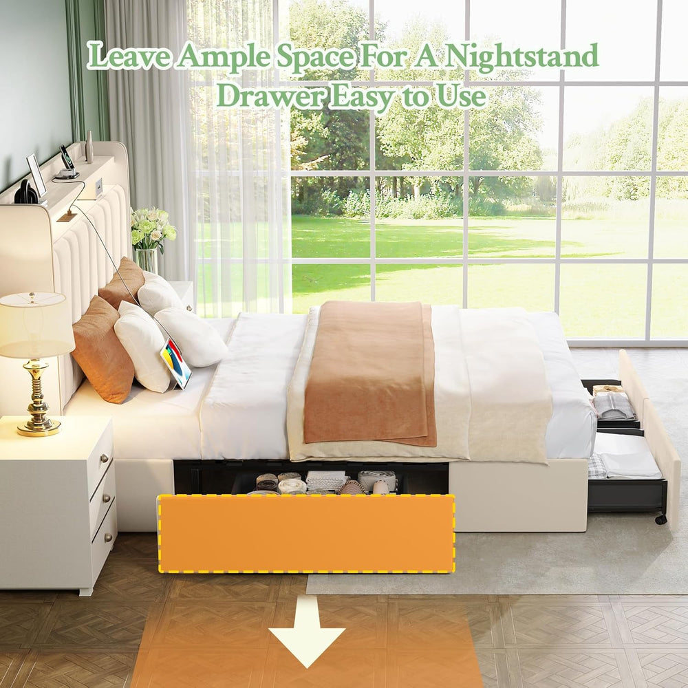 Full Size Bed Frame 4 Storage Drawers,Upholstered Headboard LED & Charging