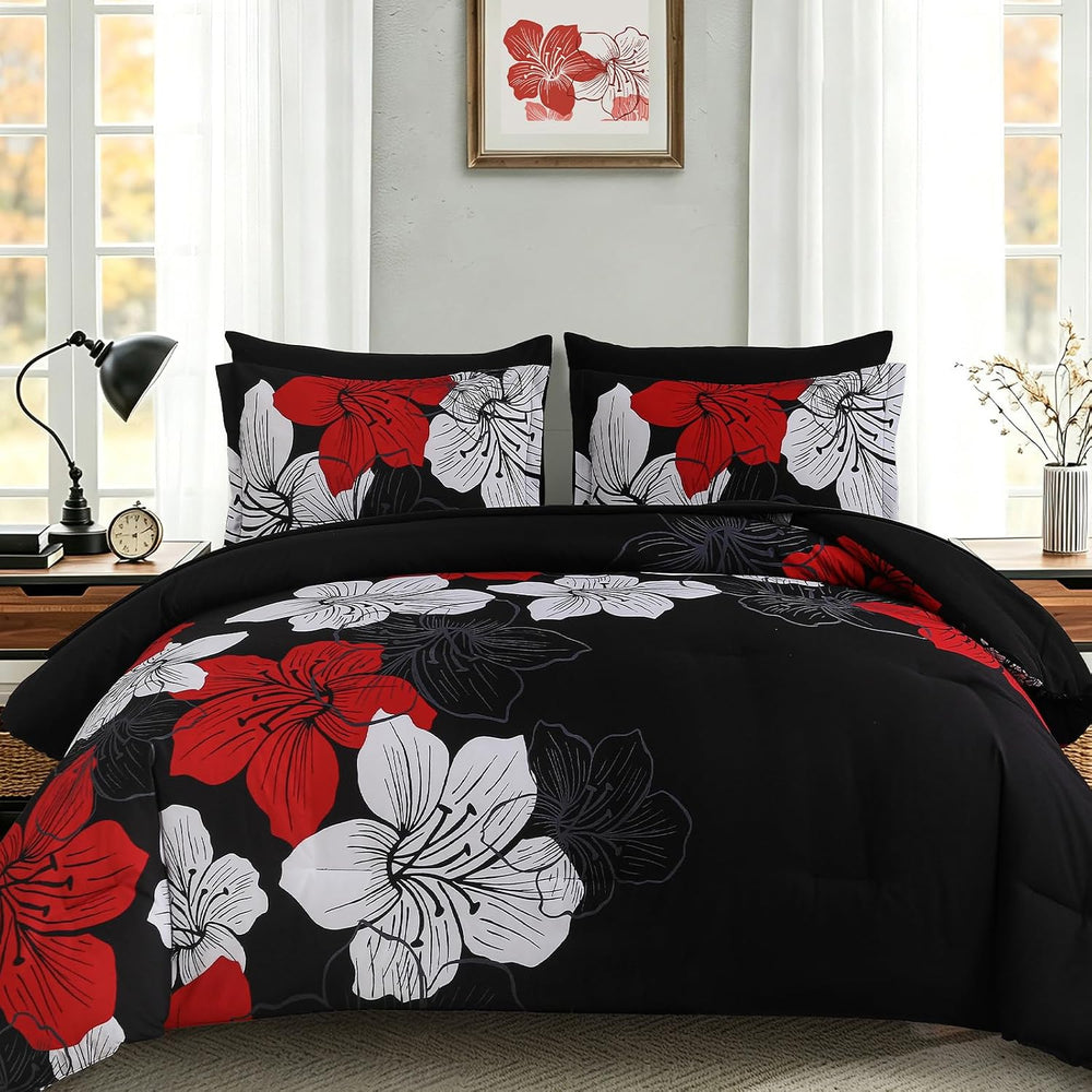 Luxudecor Red Black Comforter Set Queen Size, 7 Pieces Floral Bed in a Bag