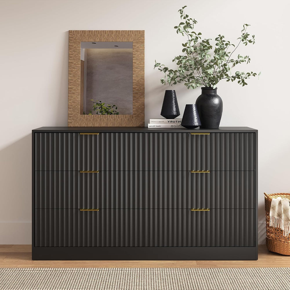 Black 6 Drawer Dresser for Bedroom, 55" Wide Fluted Chest of Drawers wit...