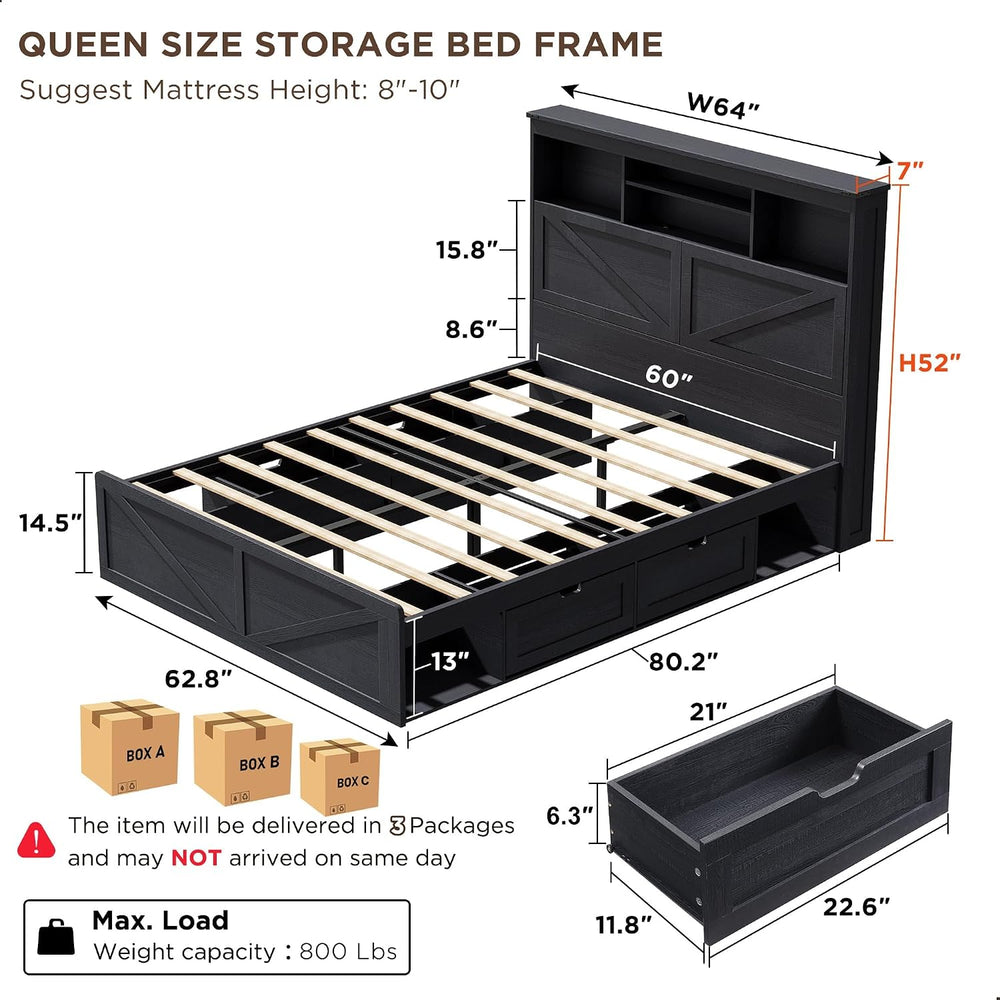 ACCOHOHO Farmhouse Queen Size Bed Frame with 52" High Storage Bookcase H...