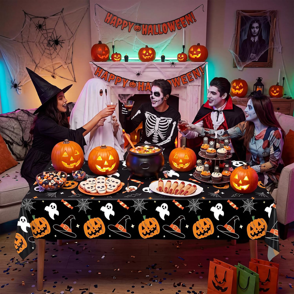 54 Inch X 300 Feet Plastic Table Cover Roll Disposable Halloween Tablecloth Pumpkin Ghost Plastic Table Covers for Halloween Party Decorations (Pumpkin Ghost, 300 Feet)