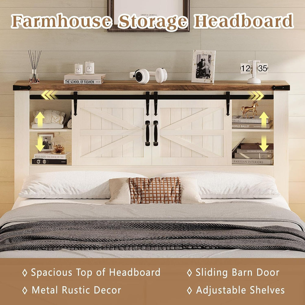 LUXOAK Queen Size Farmhouse Platform Bed Featuring Storage Headboard