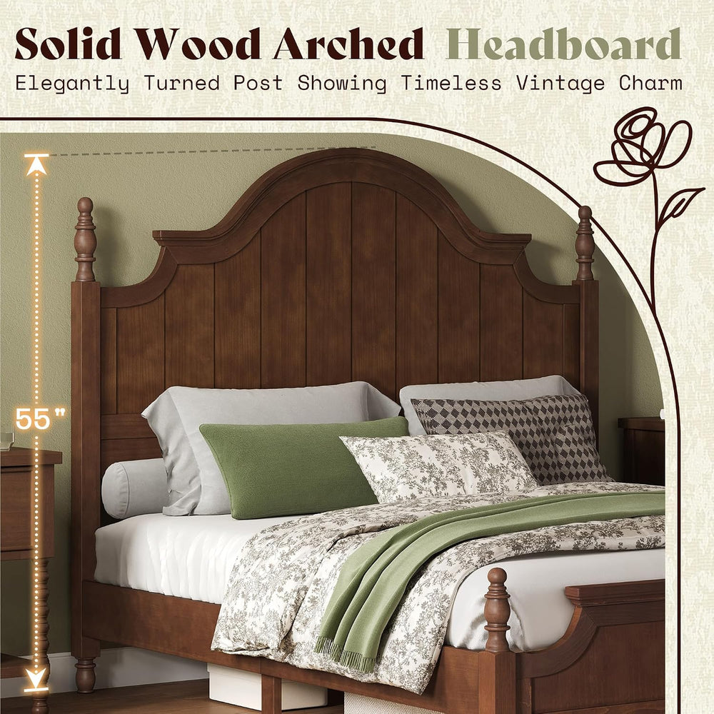 AMERLIFE Queen Solid Wood Poster Bed with Arched Headboard, Dark Walnut