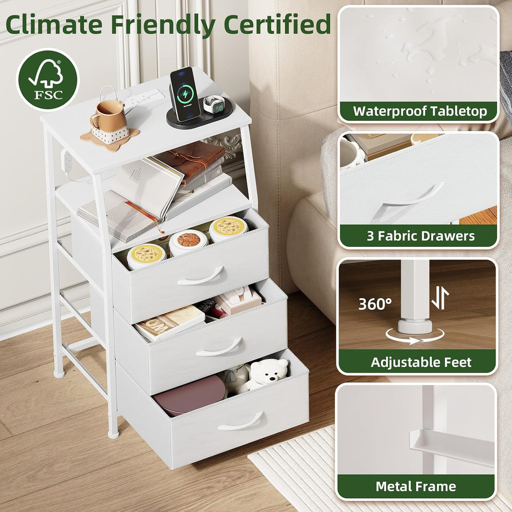 Somdot Nightstand with Charging Station, Smart LED Light, 3 Fabric Drawers