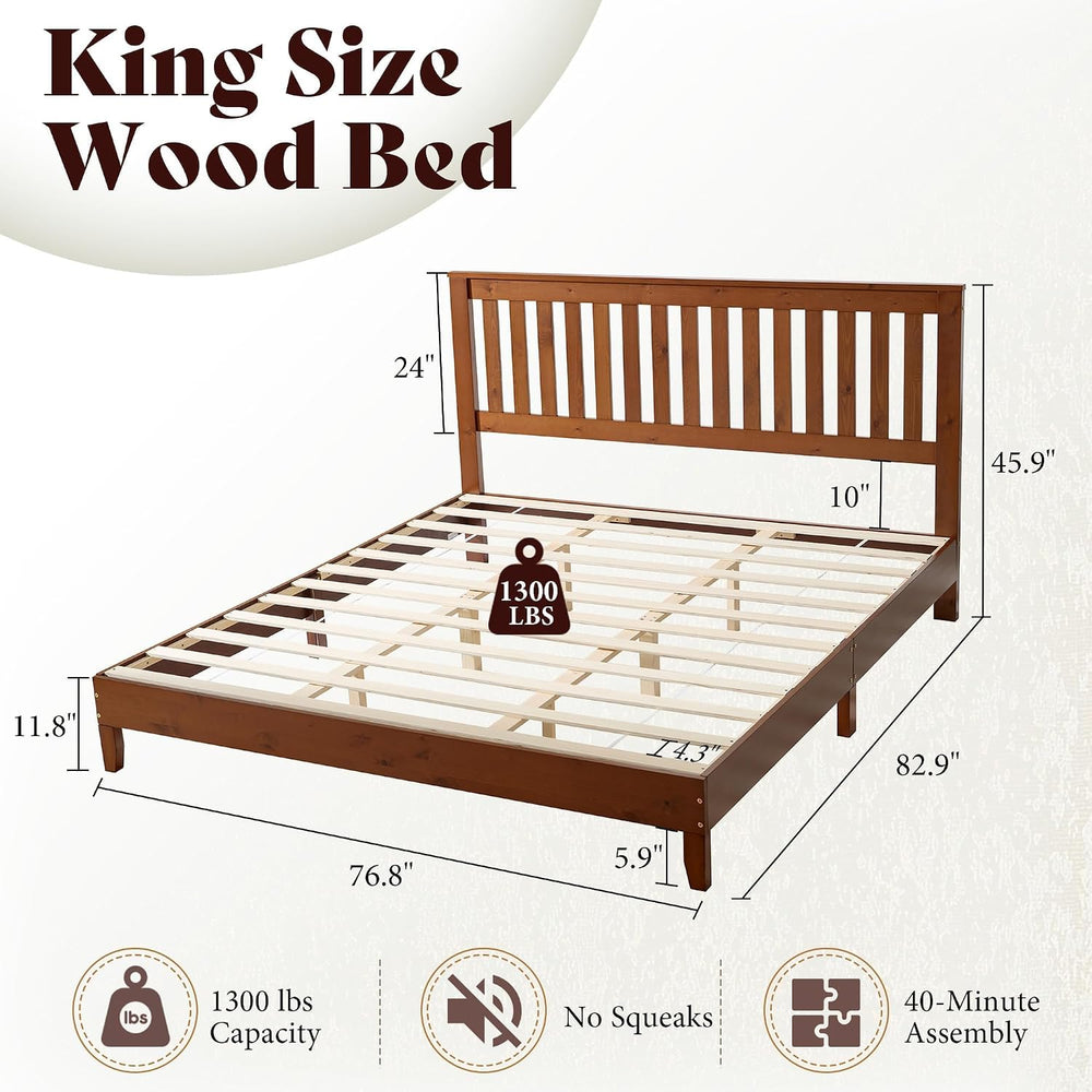 AMERLIFE Solid Wood King Size Bed Frame with 46" Headboard, Walnut