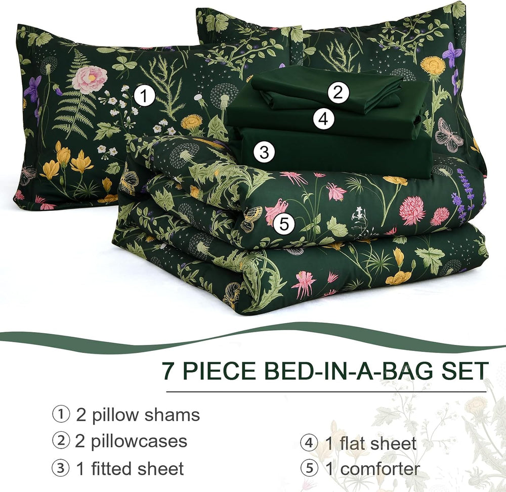 Yiran Queen Comforter Set 7 Piece, Dark Green Floral Bedding Bed in a Bag