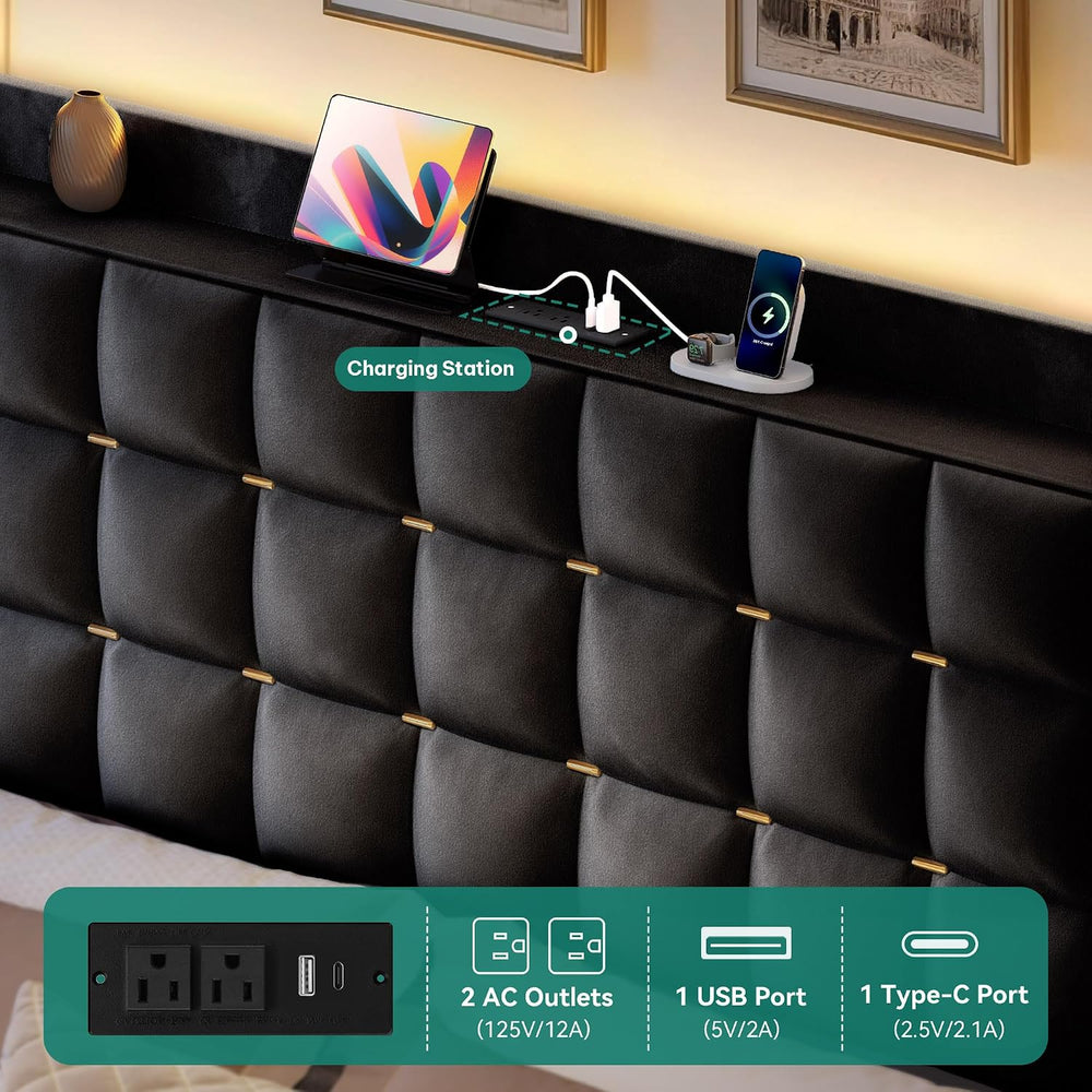 DWVO King Size Bed Frame, 4 Drawers and RGB LED Light,Charging Station