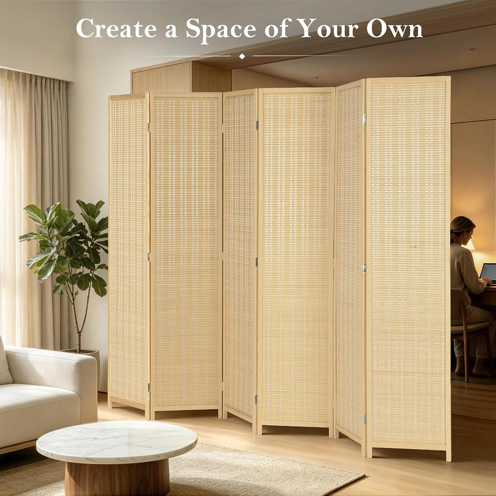 6 Panel Bamboo Room Divider, Folding Privacy Screen, Natural