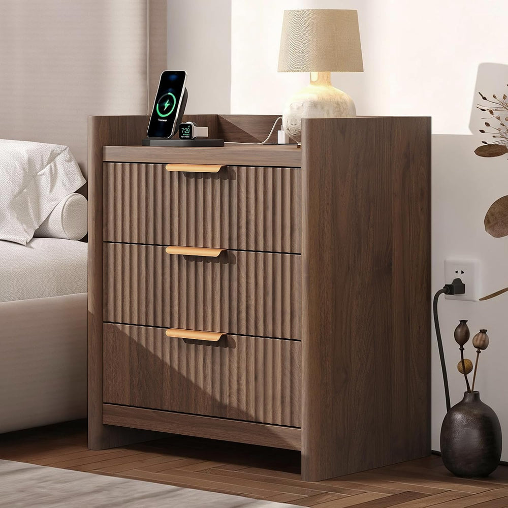 25.9" Fluted Nightstand with Charging Station, Large Bedside Table with ...