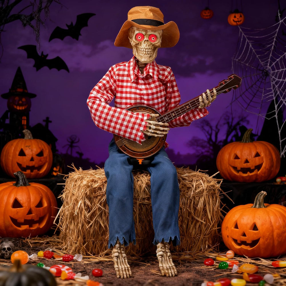 Halloween Animatronics Banjo Skeletons Decorations, Animated Skull with Sound...