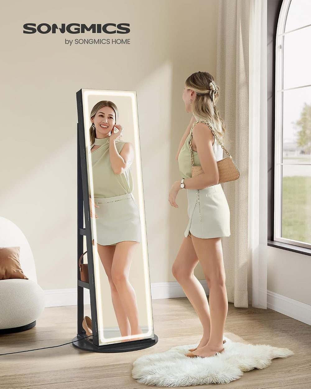 SONGMICS LED Mirror Jewelry Cabinet Standing, Adjustable Lights, Lockable