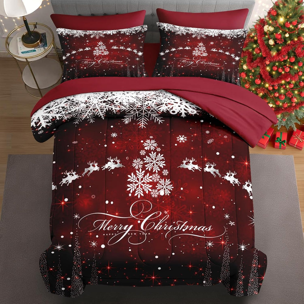 WeCozy Queen Christmas Comforter Set with Sheets, 7 Pieces Dark Bedding