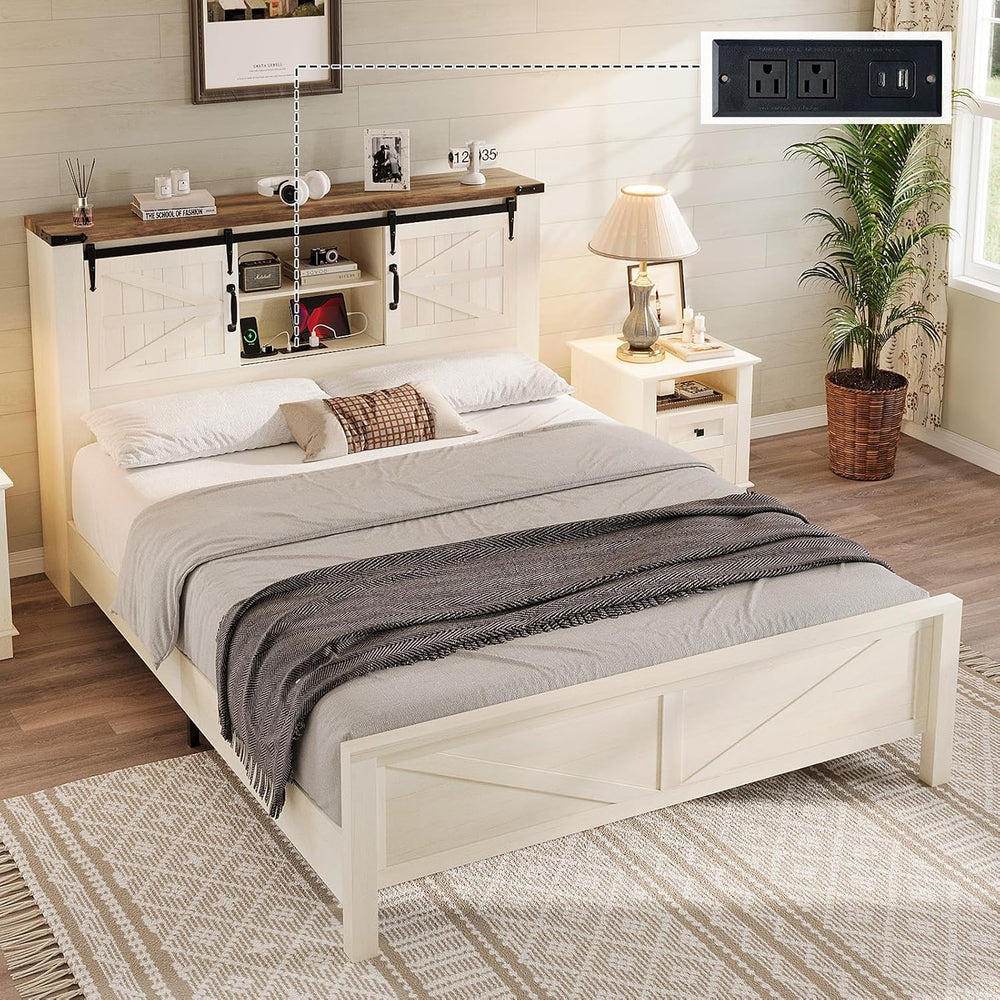 LUXOAK Queen Size Farmhouse Platform Bed Featuring Storage Headboard