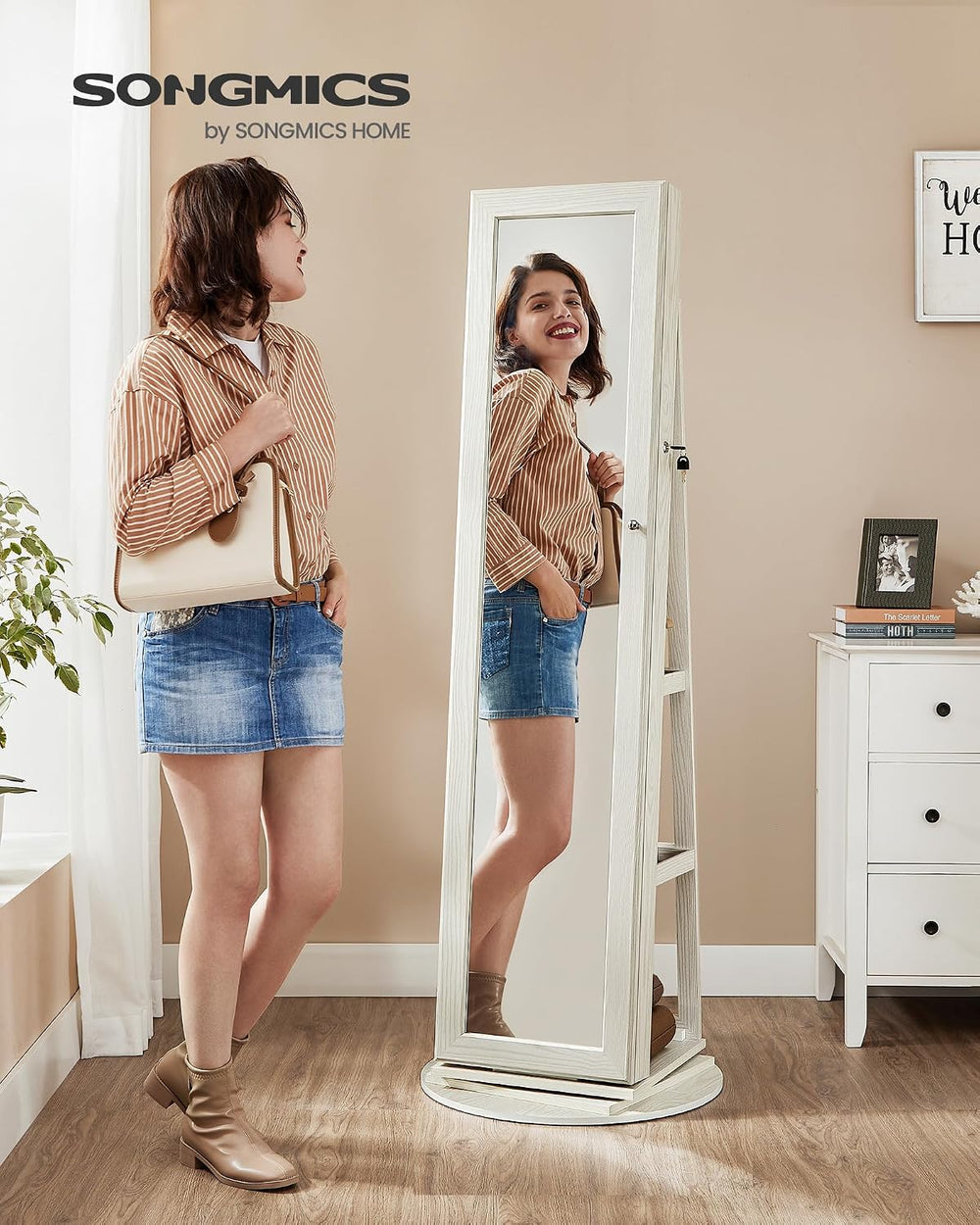 SONGMICS 360° Swivel Jewelry Cabinet, Full-Length Mirror, Lockable
