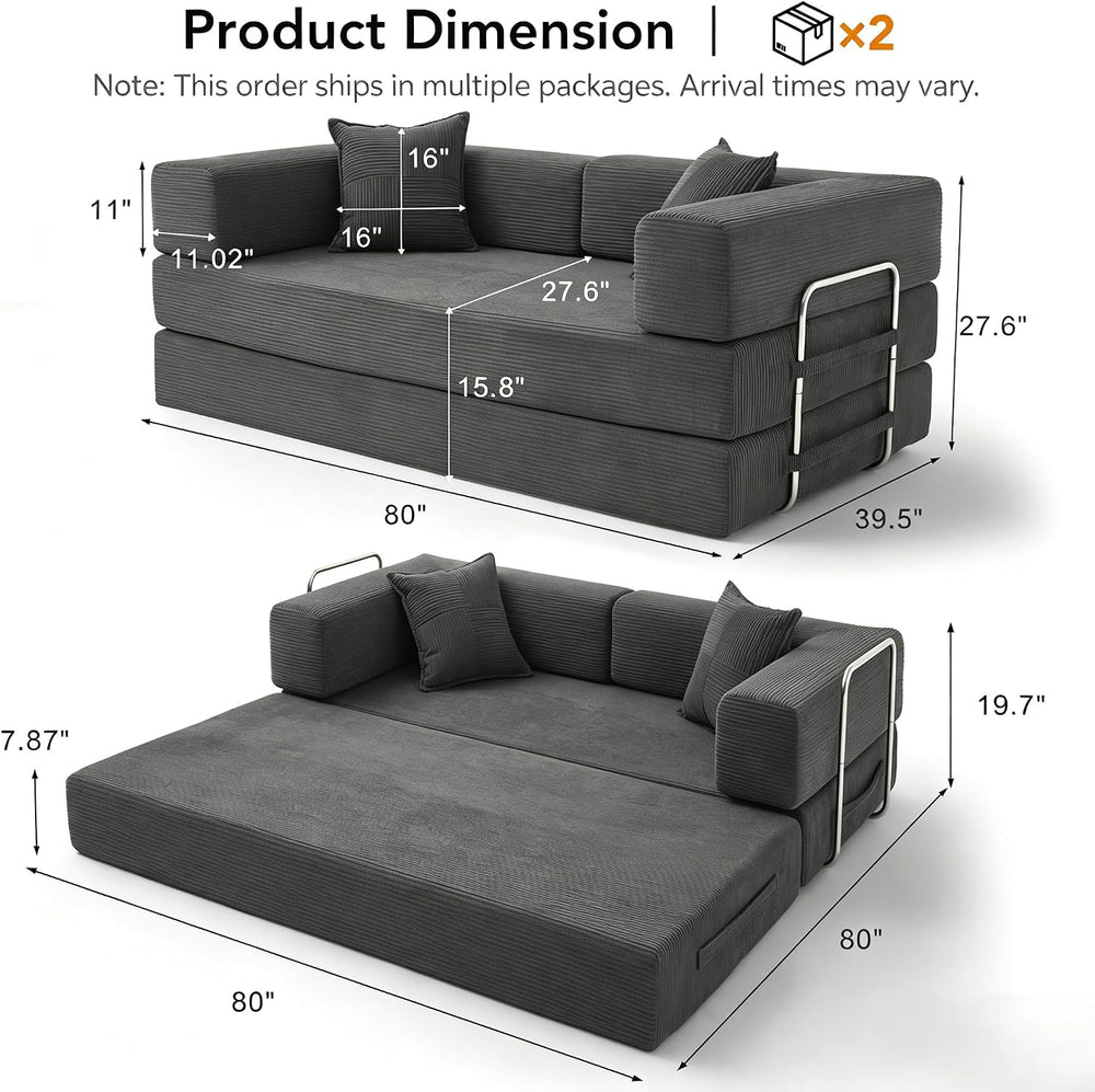 WEUP 5-in-1 Convertible Sofa Bed,80" Folding Boneless Couch with Fixed-S...