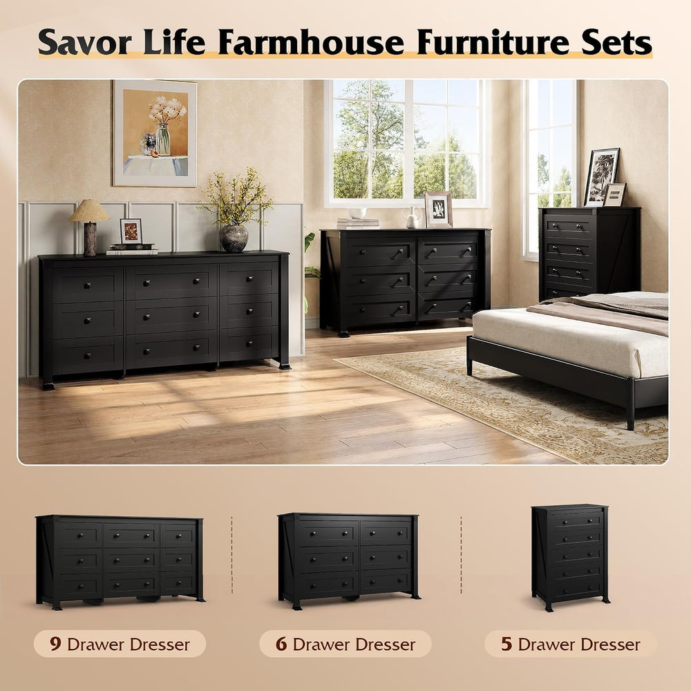 WLIVE Black Dresser 6 Drawers for Bedroom, Wood Dresser TV Stand for 55" TV