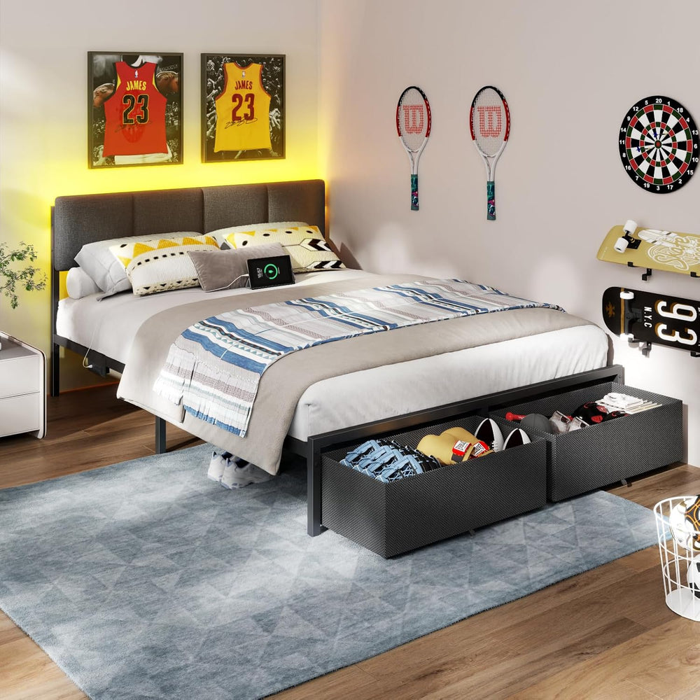 Furnulem Queen Bed Frame with Adjustable Headboard and Storage Drawers
