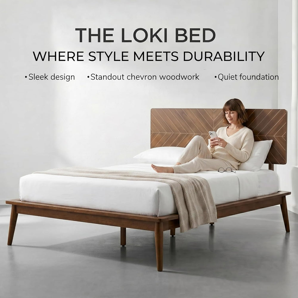 Loki Solid Wood Platform Bed King, Chevron Headboard, Walnut