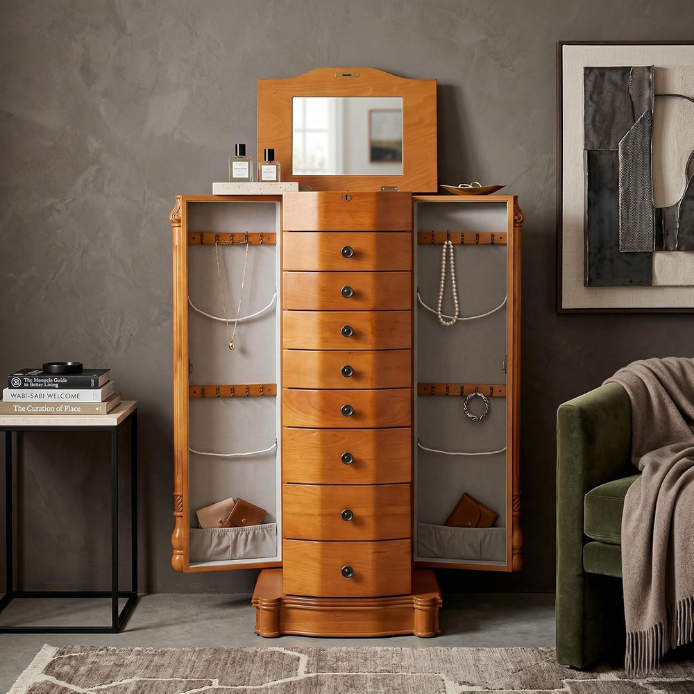 Hives & Honey Henry Standing Locking Jewelry Armoire with Mirror, 8-Drawe...