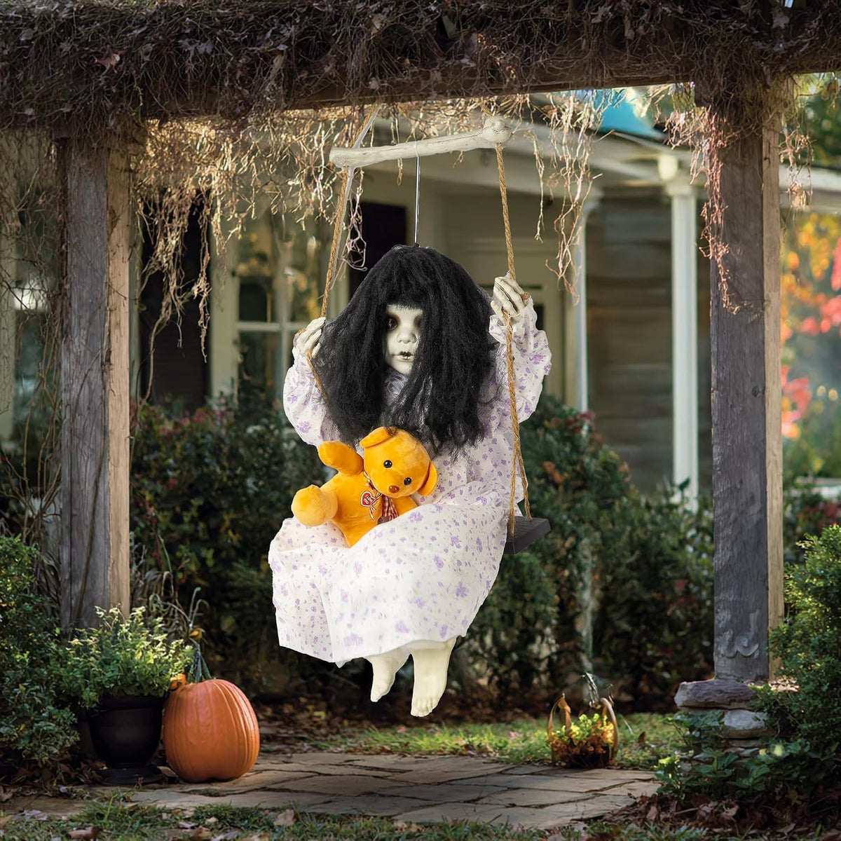 Hourleey Halloween Decorations Outdoor, Hanging Swinging Girl Doll Sound Activated with Lighted Eyes Creepy Sound, Animatronics Halloween Decor for Indoor Trees Party Garden Haunted House Prop
