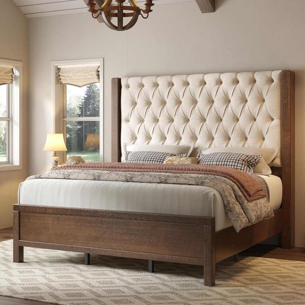 Jocisland Solid Wood King Size Bed Frame 57" Tall Wingback Headboard,Walnut
