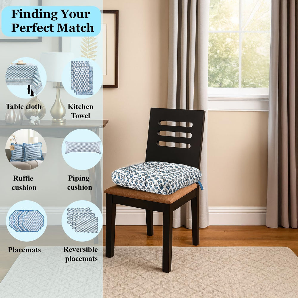 CPC Apatite Blue Block Print Cotton Chair Cushions 16x15x4 Inch, Set of 2