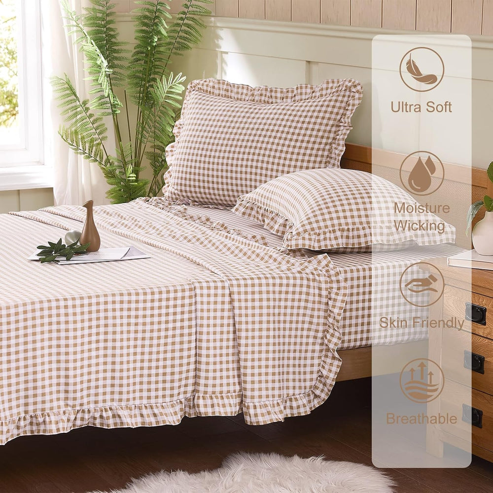 Gingham King Sheet Set, Lightweight Super Soft Brushed Microfiber Plaid Bed S...