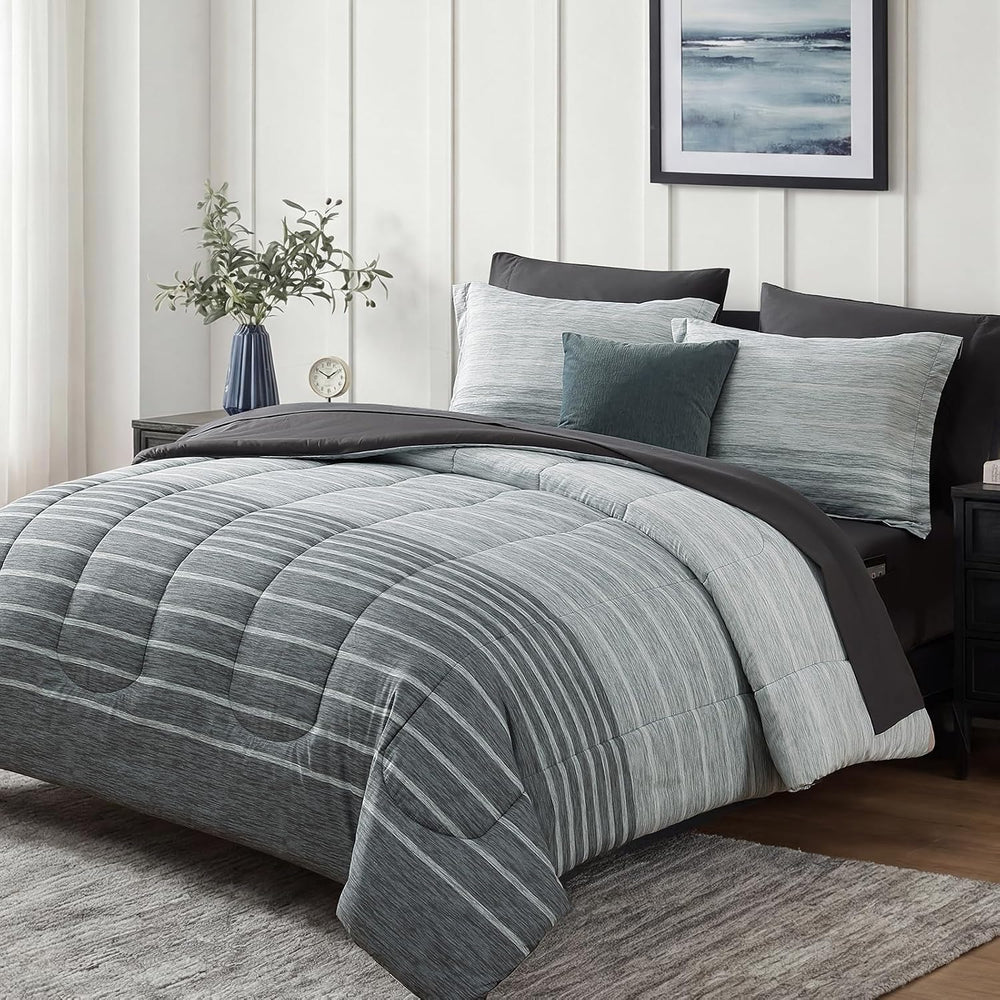 Monbix Queen Comforter Set-7 Pieces Striped Bed in a Bag Queen Bedding Sets