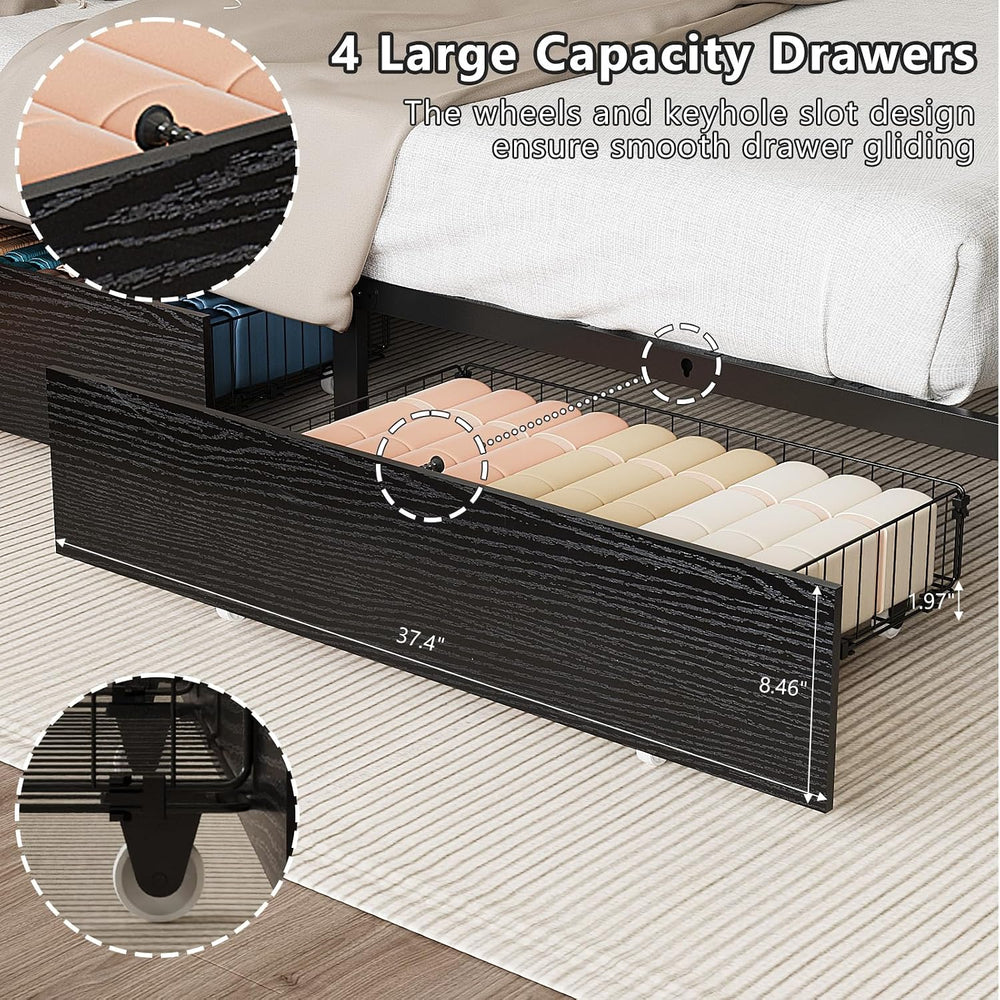 VINGLI Queen Platform Bed Frame with 4 Storage Drawers and Adjustable Headboa...
