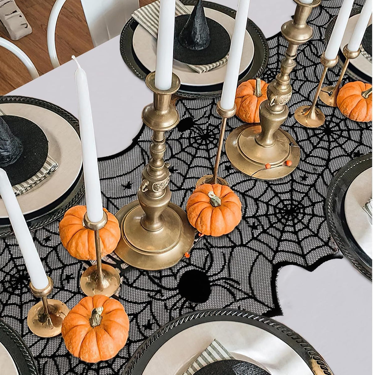 Halloween Table Runner 6 Pieces 18 x 72 Inch for Halloween Decor - Vivid Polyester Black Spider Web Lace Table Runner for Halloween Masquerade Party Dinner Table Decorations
