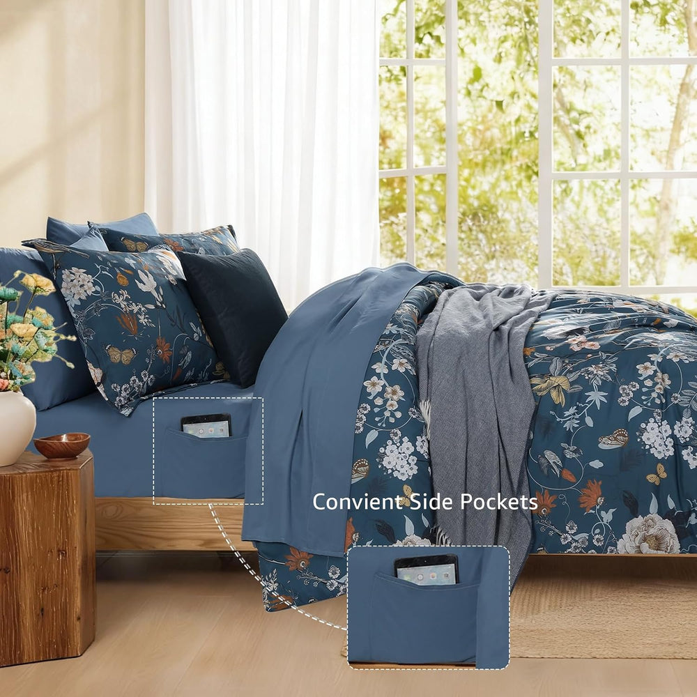 Full Size Comforter Sets-7 Pieces Blue Floral Bed in a Bag Full Bedding Set