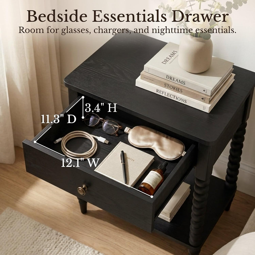 Black Nightstand, 25" H, Spindle Legs, Drawer & Open Shelf