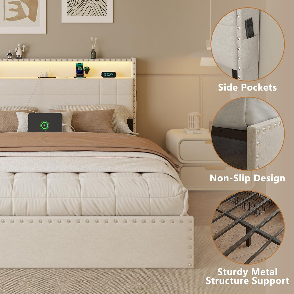 Forestell King Size Bed Frame with Headboard & 4 Storage Drawers, Beige