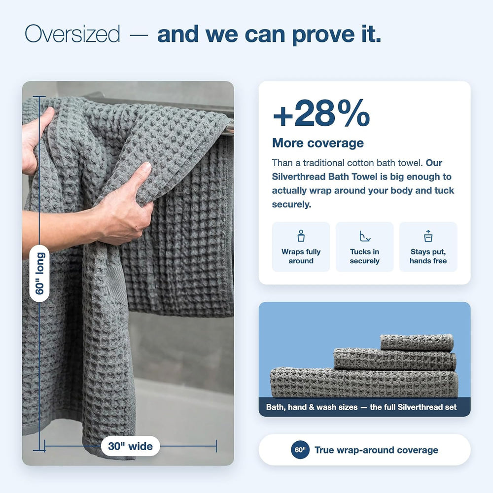 SUTERA Quick Dry Bath Towel, 100% Pima Cotton, Silverthread Waffle, Grey