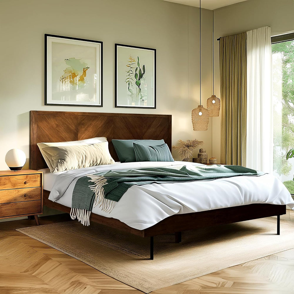 Acacia Alander Solid Wood Bed Frame with Chevron Headboard, King, Walnut